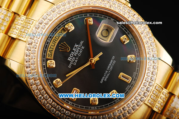Rolex Day Date II Automatic Movement Full Gold with Double Row Diamond Bezel - Diamond Markers and Black MOP Dial - Click Image to Close